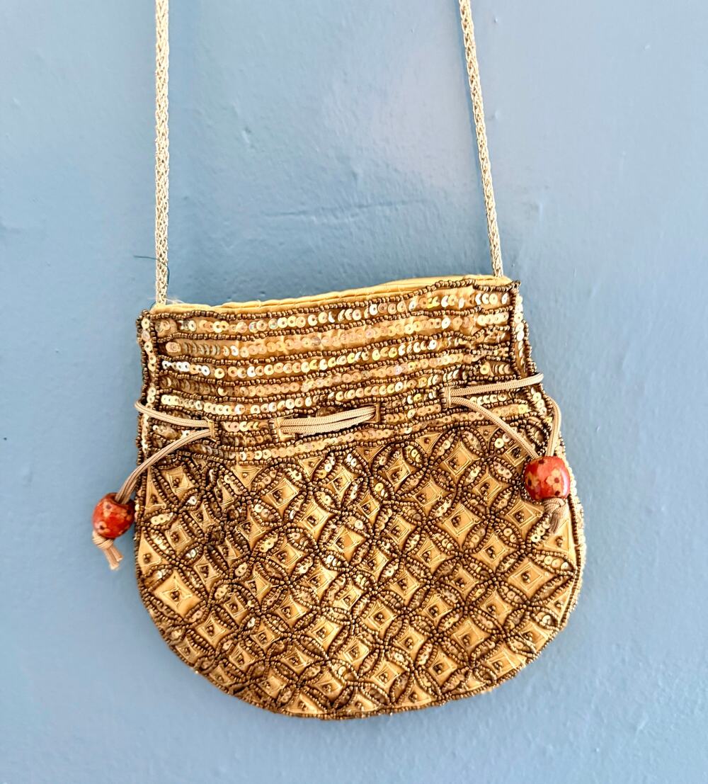 Vintage 90s Gold Beaded Sequin Drawstring Crossbody Pouch Boho Festival Bag